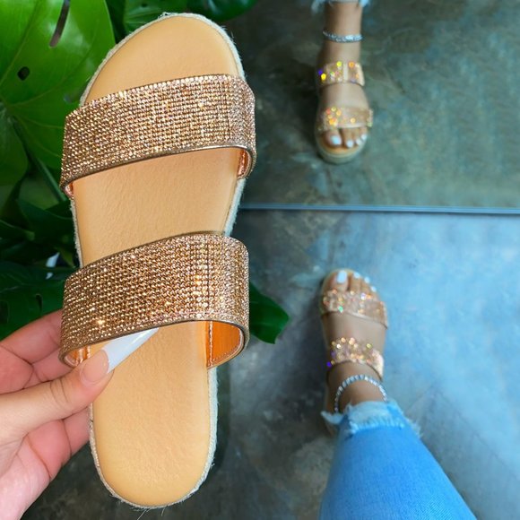 BamBoo Shoes - NEW Rose Gold Rhinestone Espadrille Slide Open Toe